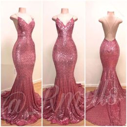 Pink Prom Rose Sequins Mermaid Sexy Halter V Neck Sleeveless Fiesta Evening Dresses Backless Plus Size Party Gowns Bc1067