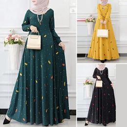 Middle East ethnic style women's dresses leaves polka dot print spring and autumn long-sleeved bohemian swing skirt