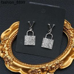 Shiny Letter Diamond Lock Earrings Women Charm Rhinestone Studs Sparkle Rhinestone Gold Pendant Eardrops Wholesale