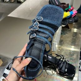 Women Blue Denim Thick Bottom Sandals Love Diamond Wedge Roman Sandals Woman Summer Square Toe Non Slip Platform Sandals 240425