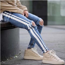 New designer Mens Blue Ripped Holes Side Striped Skinny Straight Slim Elastic Denim Fit Male Fashion Long Trousers Jeans