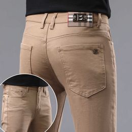 Style European Khaki Jeans for Spring and Summer Mens Slim Fit Small Straight Tube Casual Elastic Pure Cotton Pants Long