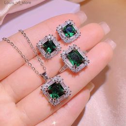 Wedding Jewelry Sets High Quality Emerald Square Set 925 Stamps Luxury Full Diamond Pendant Opening Ring Fashion Party Gift H240426