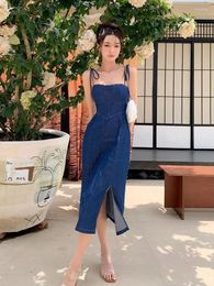 Casual Dresses Chic Spaghetti Strap Split Bandage Sundress Women Sleeveless Bodycon Blue Denim Long Dress Summer Ladies Sling Backless