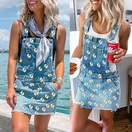 Casual Dresses Women Denim Dress Sundress Vintage Flowers Print Sleeveless Overalls Female Adjustable Strap Cowboy Short