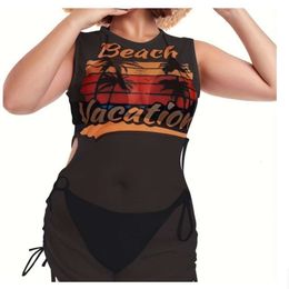 New Large Three Piece Solid Colour Sexy Fashion Mesh Perspective Printed Bikini Swimsuit