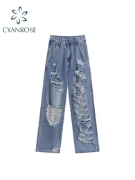 Women's Jeans Women Blue Ripped Baggy High Waist Denim Trousers Vintage Fashion Y2k Korean Loose Straight Wide Leg Pants Clothing