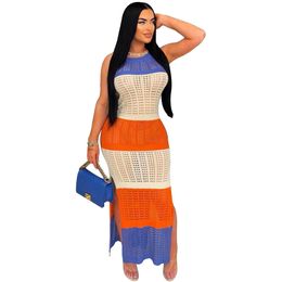 NEW Designer Summer Knitting Dress Women Sleeveless Bodycon Dresses Sexy Striped Hollow Out Split Dress Night Party Club Wear Wholesale Clothes 11013