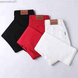 Men's Jeans New Mens Denim Pants Trend Temperature Casual Fashion Jeans Elastic Straight Fit White Red Black Cool Trousers Four SeasonsL2404