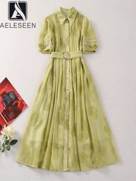 Party Dresses AELESEEN Designer Fashion Shirt Dress Spring Summer Women Turn-down Collar Green Flower Print Belt Pocket Elegant Midi