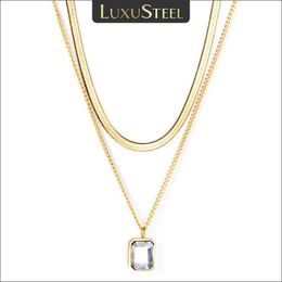 Strands LUXUSTEEL Vintage Square Cubic Zirconia Pendant Necklace Womens Stainless Steel Snake Cube Double Chain Party Jewellery 240424