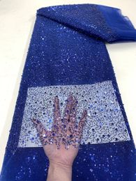 Royal Blue African Organza Lace Fabric High Quality French Luxury Beads Lace Nigerian Sequins Tulle Lace Fabric For Wedding 240425