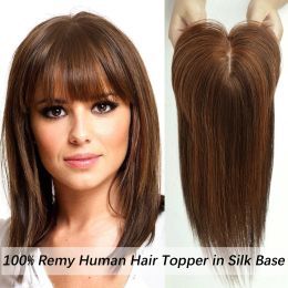 Toppers 10/12/14inch Human Hair Piece for Women 100% Remy Human Hair Topper Wigs with Bangs Auburn Silk Base Clips in Hair Extension