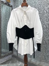 Women's Blouses 2024 Women Fashion Lantern Long Sleeve Sexy Black And White Color Matching Waist Arc Pendulum Casual Top Shirt 0319