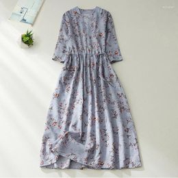 Party Dresses 2024 Summer Flower Printed Sundress Folk Custom Cotton Linen Short Sleeve V-Neck Midi Dress Drawstring A-Line Vestidos