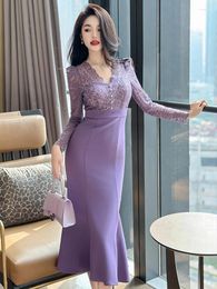 Casual Dresses Fashion Ladies Business Long Fishtail Dress Women Clothes Mujer Elegant Vintage Commute Puff Sleeve Wrap Hip Robe Femme