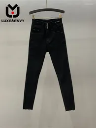 Women's Jeans LUXE&ENVY Black Denim Pencil Pants 2024 Single Breasted High Waist Elastic Slim Slim-fit