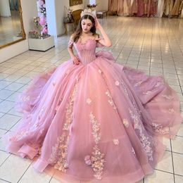 Luxury Pink Shiny Ball Gown Quinceanera Dresses Appliques Lace Beaded Tull Off Shoulder Sweet 15 Dress Lace-up Vestidos De