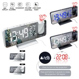 Clocks 3 Colour LED Digital Alarm Clock Radio Projection With Temperature And Humidity Mirror Clock Multifunctional Bedside Time Display
