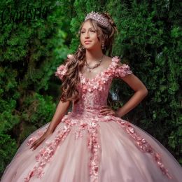 Pink Quinceanera Dresses 3D Flowers Floral Appliques Lace Ball Gown Off The Shoulder Corset Vestidos De XV Anos