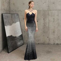 Runway Dresses Yidingzs Sexy Strap Cross Back Sequin Evening Dress Backless Long Evening Party Dress YD16673 Y240426