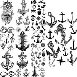 Tattoo Transfer Black Anchor Temporary Tattoos For Adults Men Realistic Compass Pirate Lighthouse Infinite Fake Tattoo Sticker Body Arm Tatoos 240426