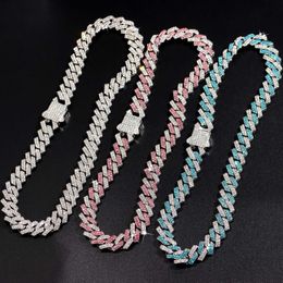 Strands 14MM multi-color pink blue ice crystal fork Cuban chain necklace suitable for women and men sparkling rhinestones hip-hop Jewellery 240424
