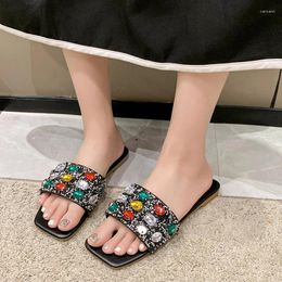 Slippers Luxury Women's Colorful Crystal Diamond Sequin Slides Casual Designer Sexy Beach Flip Flops Flat Shoes Plus Size 42