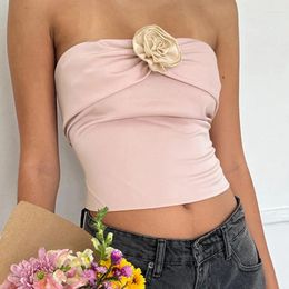 Women's Tanks Y2K 3D Flower Decoration Tube Top Pink Coquette Aesthetic Slim-fitting Strapless Crop Tops Sexy Camis Chic Elegant Vest