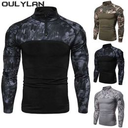 Tactical T-shirts Mens Zipper Pocket Clothing 2024 Mens Military T-shirt Outdoor Elastic Fitness Camo Tactical Top Long sleeved T-shirt 240426