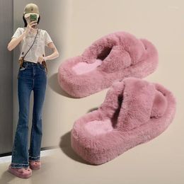 Slippers Women Winter Fashion Thick Sole Plush Outer Wear Soft Home Thickened Flat Shoes Outside Slides Trend Mules Korean