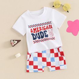 Clothing Sets 4th Of July Toddler Boys Outfits Letter Print Short Sleeve T-Shirts Tops Checkerboard Shorts 2Pcs Independence Day Clothes Set