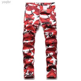 Men's Jeans Red camouflage mens denim jeans straight and fashionable high-quality party cool mens harem wash trend military pantsL244