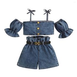 Clothing Sets 2-7Y Toddler Kids Denim Tracksuit For Girls Casual Puff Sleeve Crop Bow Tops Ruffles Short Jeans Children Two Pieces Clothes