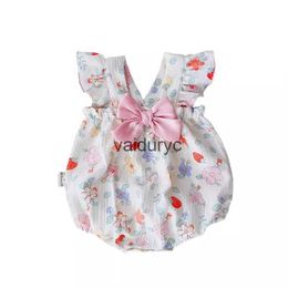 Rompers 2024 New Baby Girls Clothes Sweet Floral Bow V-neck Bodysuit With Headband Summer Toddler Flying Sleeve One Piece H240509