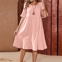 Womens Large Swing Midi Dress Solid Colour Loose Casual Pleated Round Neck Flared Short Sleeve Cotton And Linen