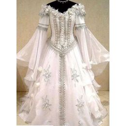 Lång flare ärm marockansk bröllop a-line kaftan klänningar brudklänningar v-ringning vintage viktoriansk gotisk holloween snörning korsett brud klänning skräddarsydd