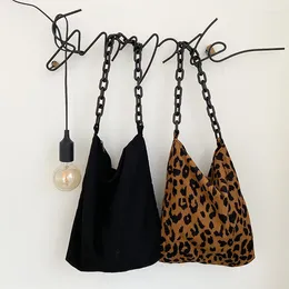 Totes Autumn Winter Corduroy Shoulder Bags Retro Leopard Pattern Handbag Thick Chain Female Daily Warm Soft Crossbody