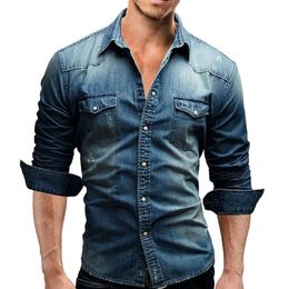 Men's Casual Shirts Denim Shirt Men Pocket Long Sleeves Slim Fit Cotton Dress Autumn Streetwear M-3XL282q