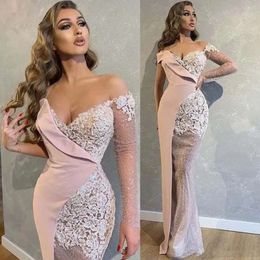 Arabic Sleeves Mermaid Long Dubai Evening Dresses Off The Shoulder Illusion Lace Appliques Prom Dress Ruched Formal Party Gowns Vestidos