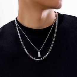 Strands KunJoe 2-piece/set rectangular pendant box chain necklace for mens punk silver Cuban link chain necklace party 240424