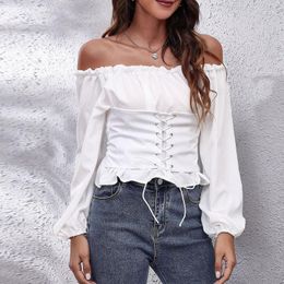 Women's T Shirts Cropped Top With Front Tie Back Elasticated Puff Sleeves