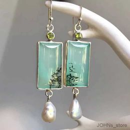 Dangle Chandelier Vintage Square Green Opal Stone Dangle Earrings for Women Ethnic Silver Color Round Stone Pearl Earring Party Jewelry