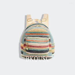 School Bags Fashion Mini Straw Woven Women's Backpack Stylish Ethnic Style Retro Color Stitching Small Backpacks Female Girl's Storage