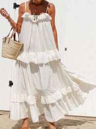 Casual Dresses Women Y2K Cami Dress Back Tie-Up Spaghetti Strap Maxi Summer Loose Tiered Flowy Swing Beach Long