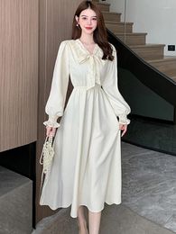 Casual Dresses 2024 White Chic Jacquard Elegant Bow Ruffled Collar Long Dress Women Fashion Bodycon Festival Autumn Winter Korean