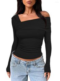 Women's T Shirts Women S Long Sleeve Tops Tight Fitted One Off Shoulder Shirt Asymmetrical Neck Ruched Crop