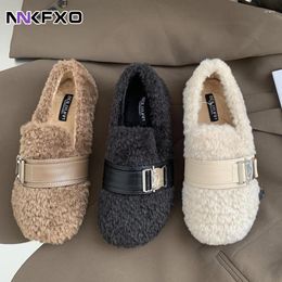 Casual Shoes Luxury Winter Metal Buckle Cotton Women Fur Loafers Sneakers Warm Plush Moccasins Flats Woman Plus Size Vc4407