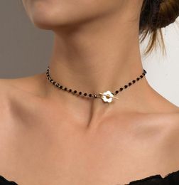 Simple Black Crystal Beads Choker Necklace Fashion Ot Buckle Short Flower Necklace for Women Bohemian Female Jewelry Y03099490167