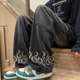 Men's Jeans 2024 Fashion Flame Embroidered Mens Jeans Unisex Wide Leg Denim Trousers Loose Straight Jeans Youth Casual Bag Hip Hop PantsL2404